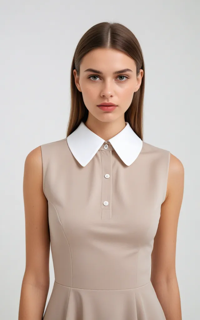 A European female model wearing a dress with a Pointed collar, white background, bust portrait